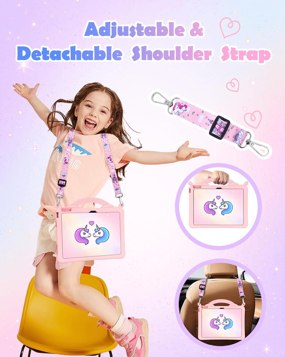 Uppuppy for iPad A16 Case/10th Generation Case - Girls Teens Cute Cartoon 10.9 Inch 2022 Tablet Cover with Rotating Stand Handle & Strap Soft Silicone 3D PK Unicorn Funda for iPad 11th 11 Inch 2025