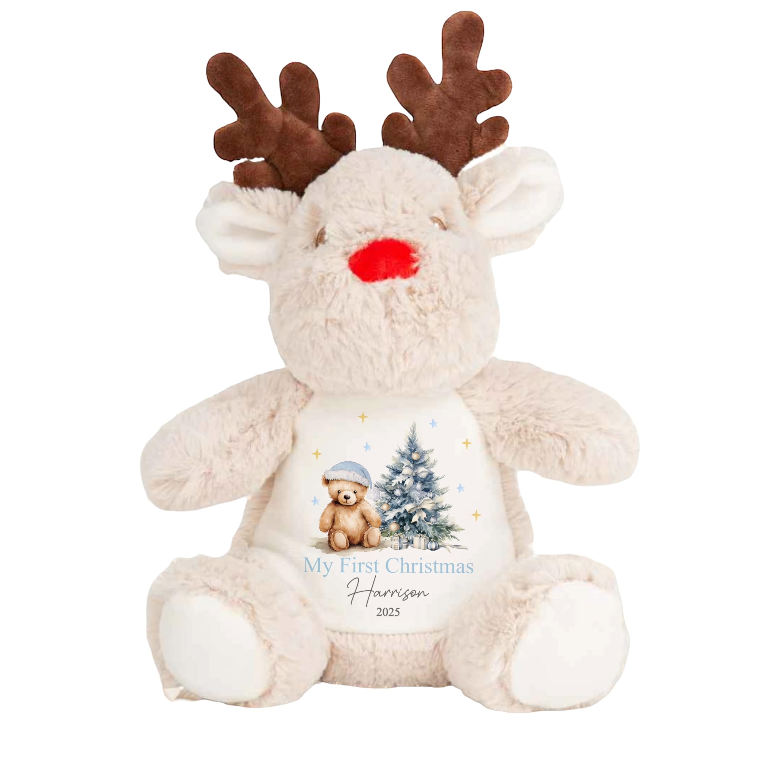 allaboutthebump My First Christmas Personalised Blue Teddy Tree Plush Collection, 23cm Soft Reindeer Penguin Bunny, Customisable Holiday Keepsake Toys with Winter Scene, White Grey (Reindeer)
