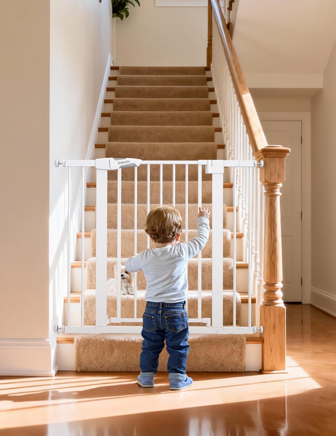 BABELIO 36 Tall Dog Gate PressGuard C5, 26-40 Wide Auto Close Baby Gate, Pressure Mounted Metal Pet Gate, Easy Install No Drilling, No Tools Needed, with Wall Protectors and Extension Kits, White