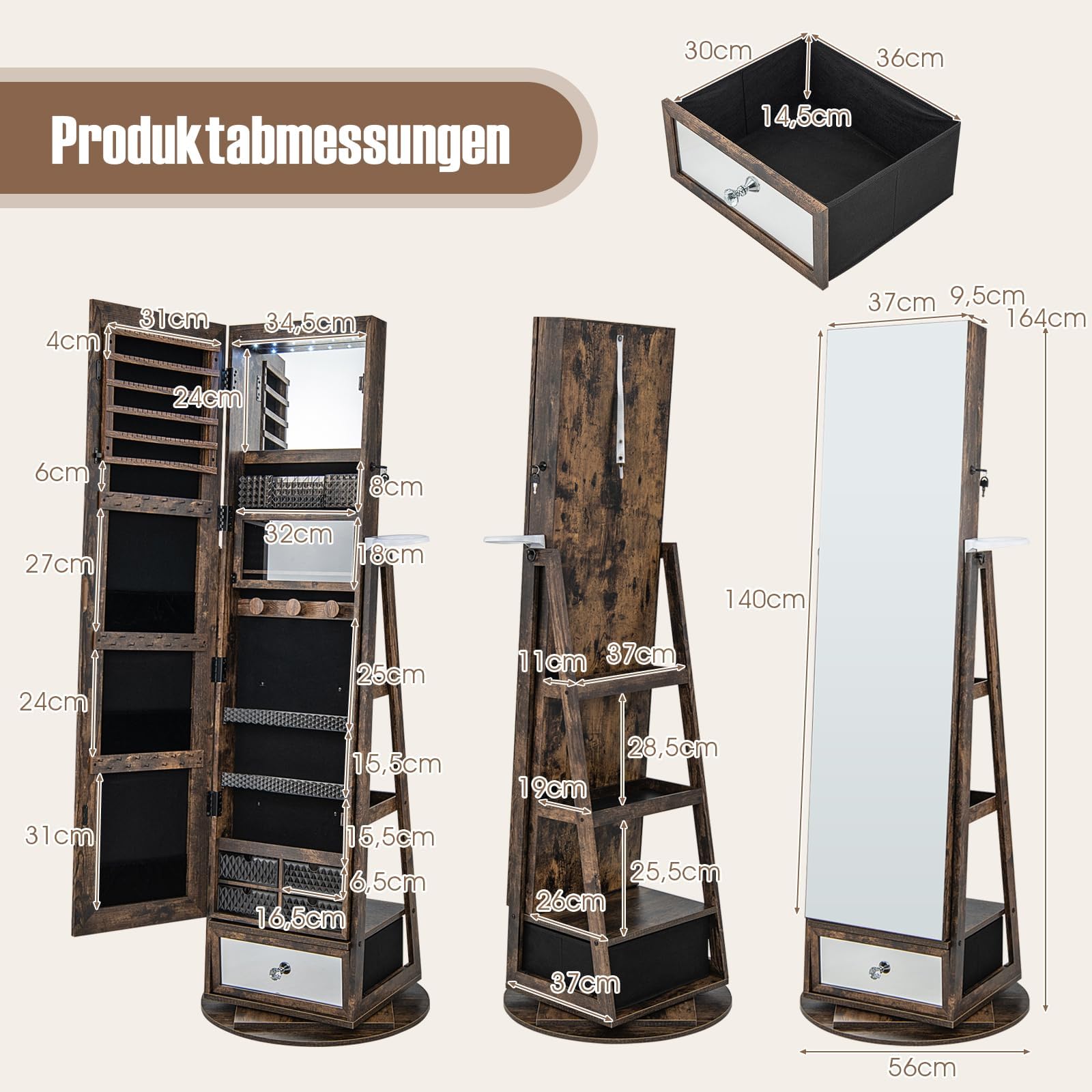 RELAX4LIFE Schmuckschrank 360° drehbar, 4-in-1 Spiegelschrank mit LED-Lichts & Schubladen & Regalen Schmuckaufbewahrung Ganzkörperspiegel, Schmuckständer abschließbar (Rustikales Braun)