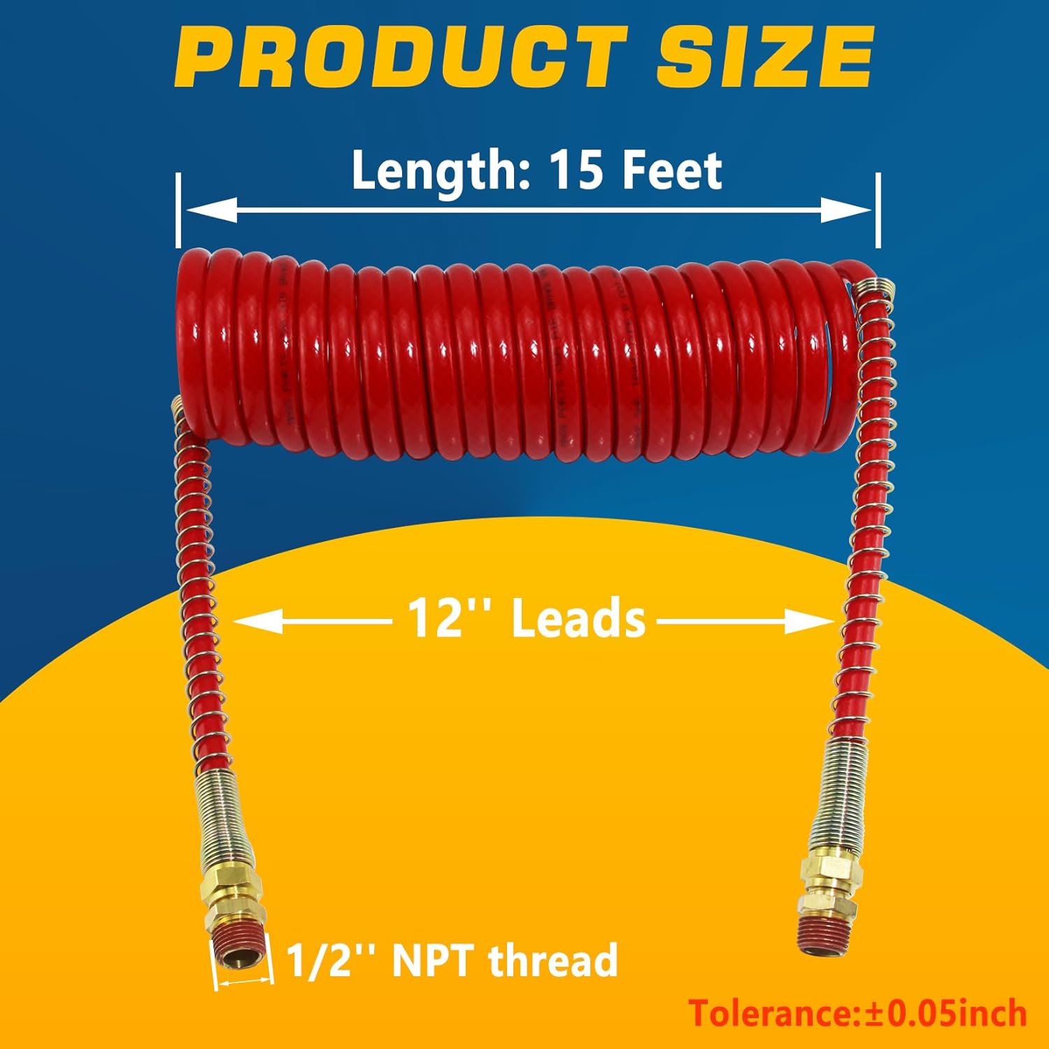 15Ft Coiled Air Brake Hoses Assembly for Semi Truck, Coiled Air Brake Lines with 12'' Tractor Lead & 12'' Trailer Lead, Red & Blue Coil Air Lines Set for Semi Trucks Tractors Trailers
