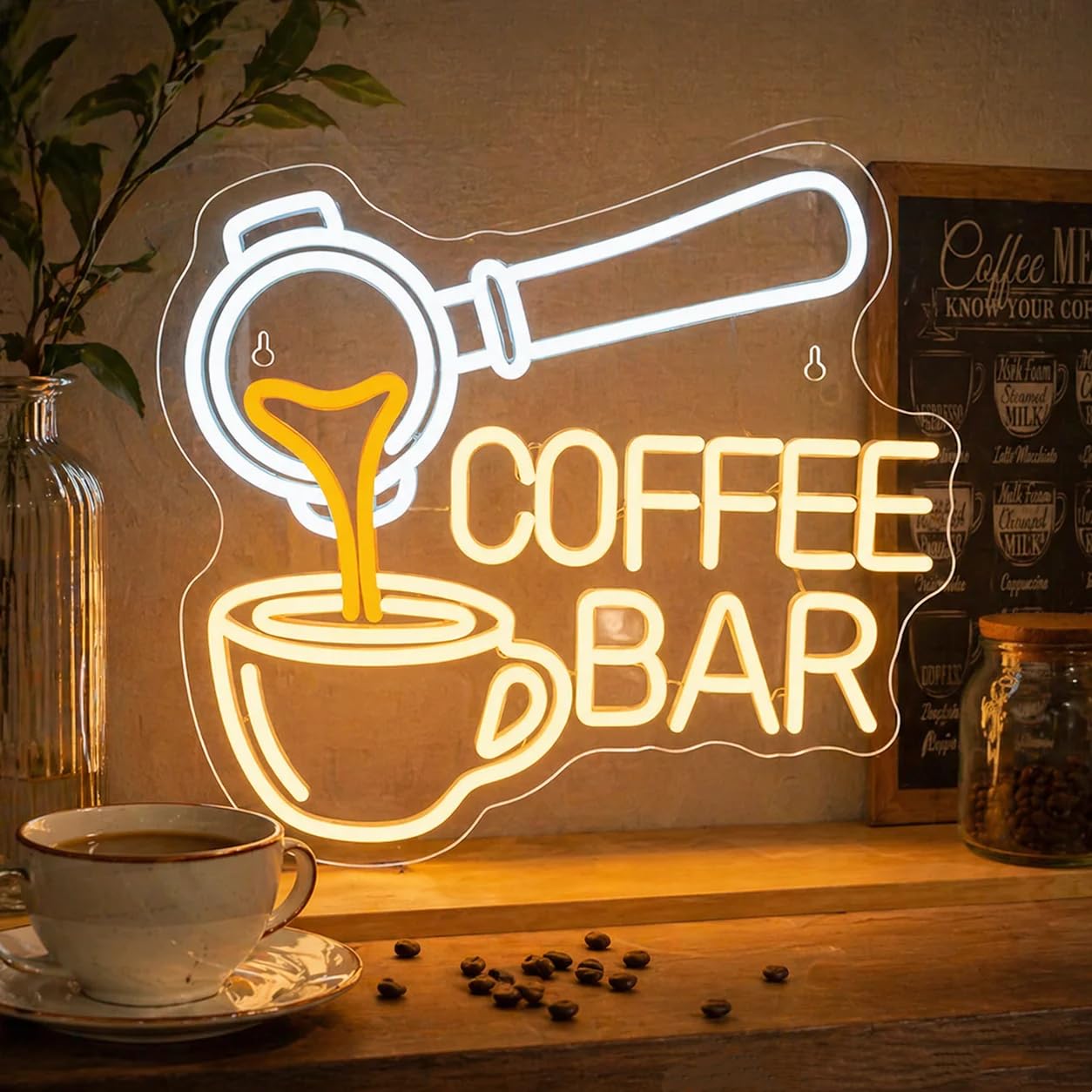 Coffee Bar Neon Light USB Powered LED Wall Decor with Coffee Portafilter & Cup Dimmable Warm White Neon Sign for Kitchen, Cafe, Home Bar, Coffee Lover Gift