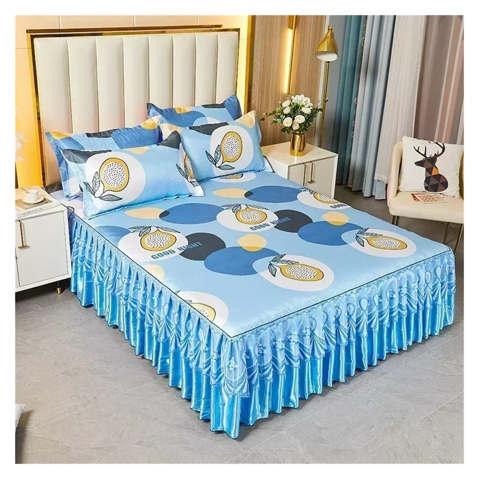 Bedding Set Folding Embroidered Sheets Bedding Bed Skirt King Queen Size Bed Sheet Set with Pillowcases(Color 11,3 pcs 180x220cm)