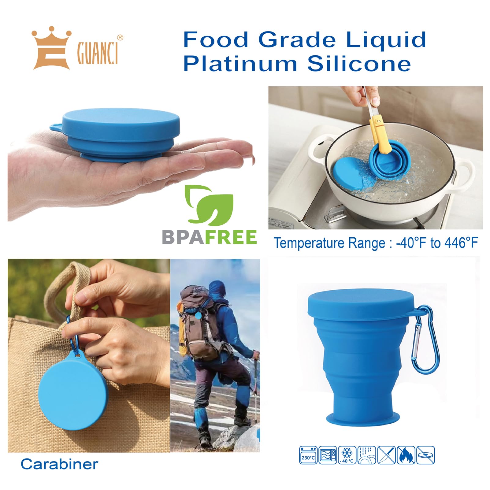 GUANCI - Juego de 4 Tazas de Viaje Plegables de Silicona, con Tapas, Coloridas y expandibles, sin BPA, portátil, Graduado