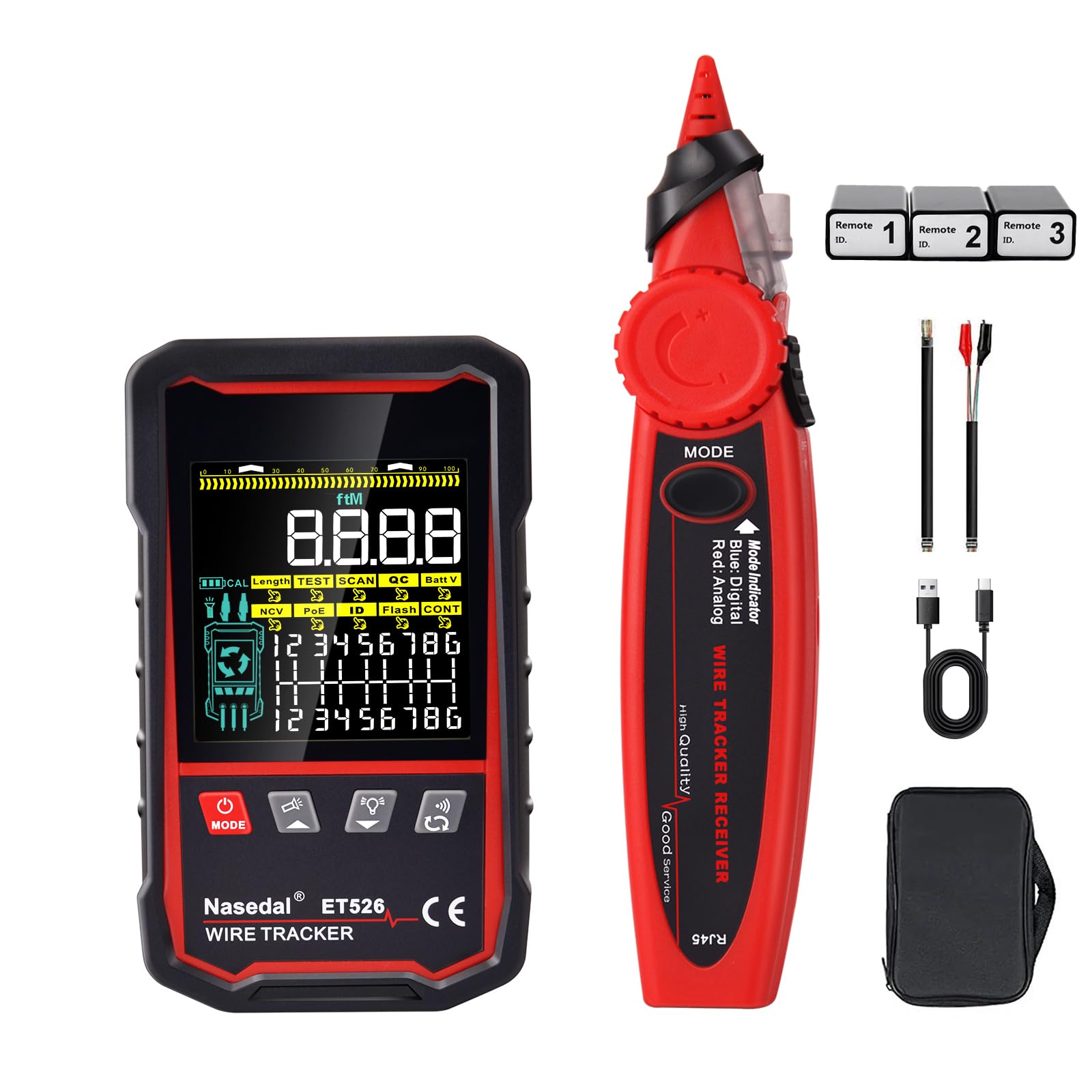 Network Cable Tester Wire Tracker Tone Generator Ethernet Tester Multímetro VFL 3 en 1 RJ45 CAT5 CAT6 CAT7 CAT8 RJ11 Cable Length Cable Mapping Test Port Flashng 3 pcs Remote (ET526)