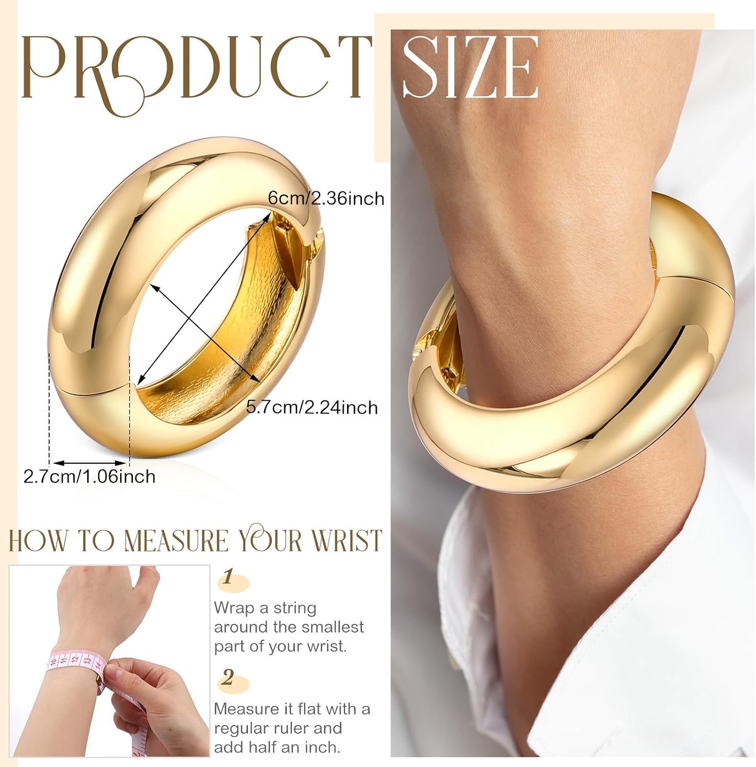 Tondiamo 2 Pcs Chunky Gold Bangle Bracelets for Women Dainty Hinged Big Wide Trendy Cuff Bracelet Fashion Jewelry Valentine's Day Party Gifts