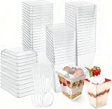 Primasage 50 Pcs 160ml Mini Dessert Cups, Dessert Cups with Lid and Spoon Square, Cheesecake Pots Reusable Versatile Dessert Cups Suitable for Desserts, Puddings, Mousses and Parties - 1