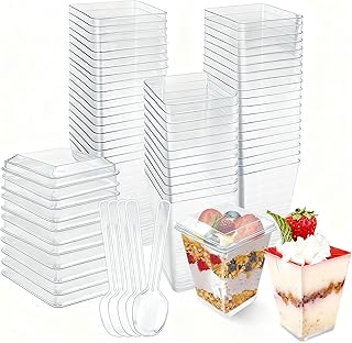 50 Stück Dessertgläser Plastik, Dessertbecher Plastik Wiederverwendbar 160ml Dessertschalen mit Deckel für Eiscreme Pudding Mousse Party Picknick