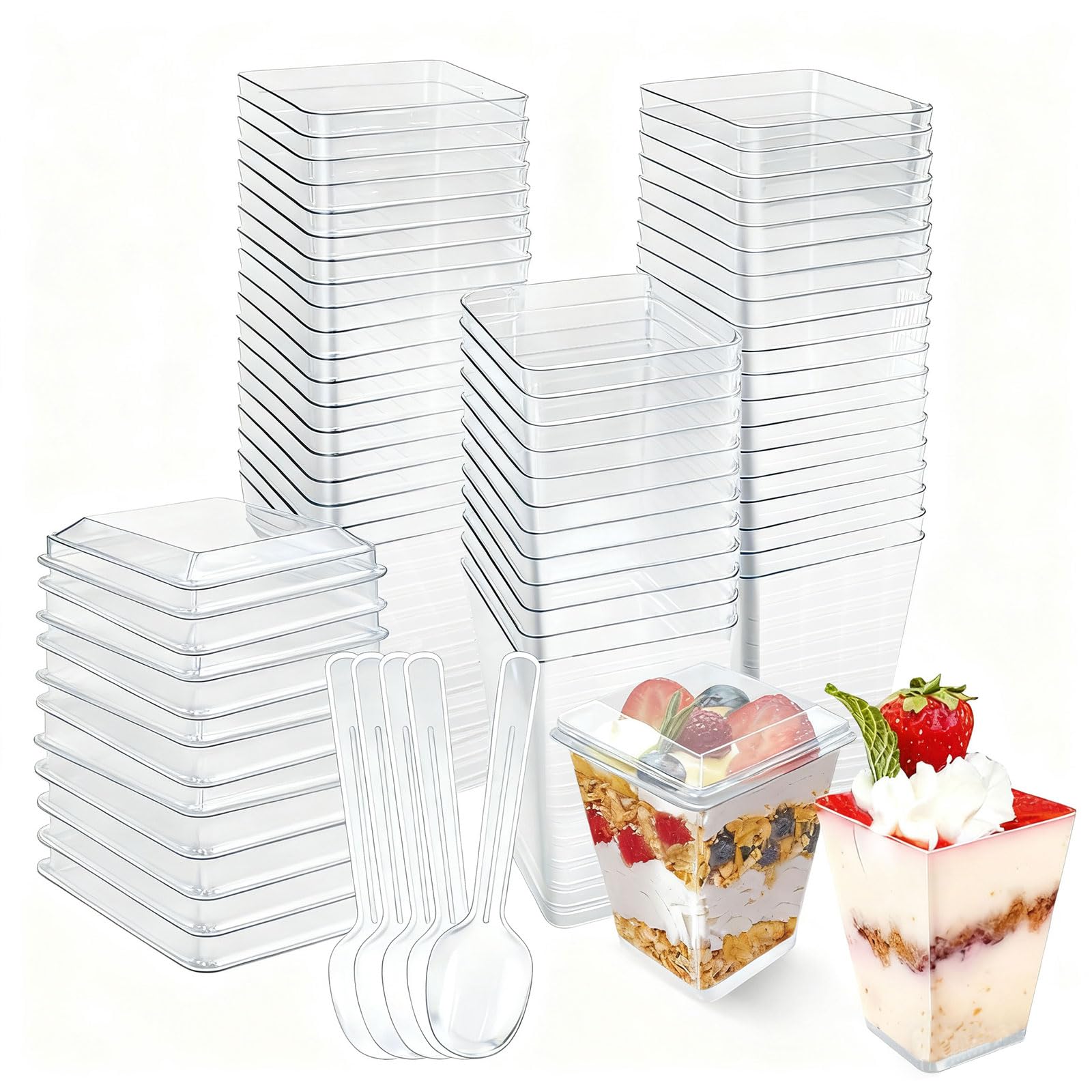 Primasage 50 Stück Dessertgläser Plastik, Dessertbecher Plastik Wiederverwendbar 160ml Dessertschalen mit Deckel für Eiscreme Pudding Mousse Party Picknick