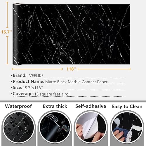 Miniatura 8 de VEELIKE Papel tapiz de mármol negro mate para encimeras de cocina de 15.7 x 118 pulgadas, papel de contacto de mármol impermeable, autoadhesivo,