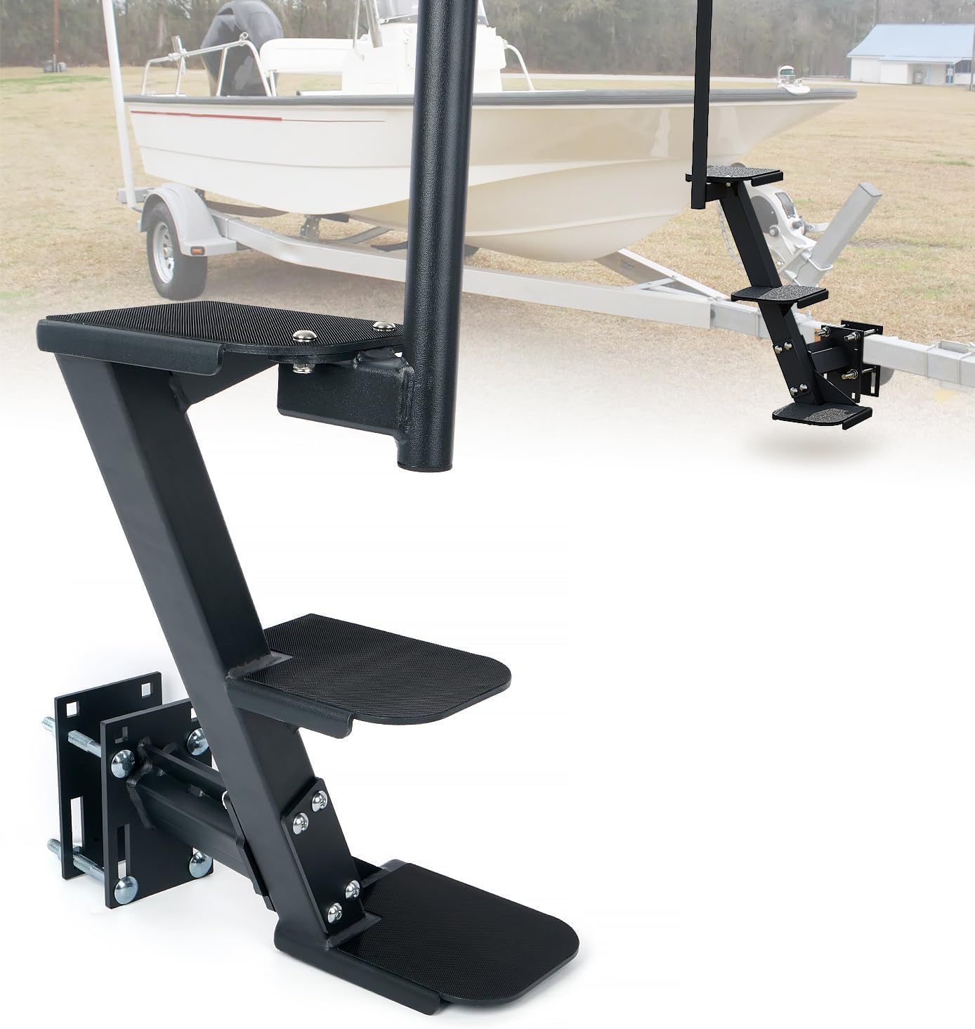Boat Trailer Steps, Universal Boat Trailer Step with Non-Slip Surface, Boat Steps for Trailer Tongue, Heavy Duty Steel Boat Accessories for Bass Pontoon Boat (Upgraded 3-Step)