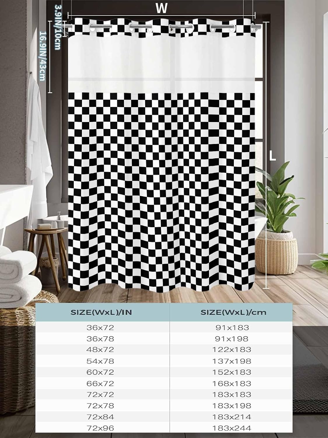 No Hook Shower Curtain, Black White Plaid Long Bathtub Curtains with Snap in Liner, Modern Buffalo Check Gingham Art Waterproof Washable Fabric Bathroom Curtain Sets, 72" x 78"