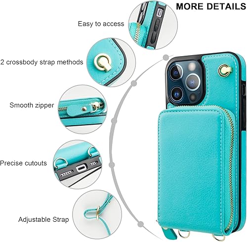 Miniatura 6 de KIHUWEY Funda tipo cartera cruzada para iPhone 13 Pro Max, funda con bolsillo con cremallera y soporte para tarjetas, funda protectora de piel