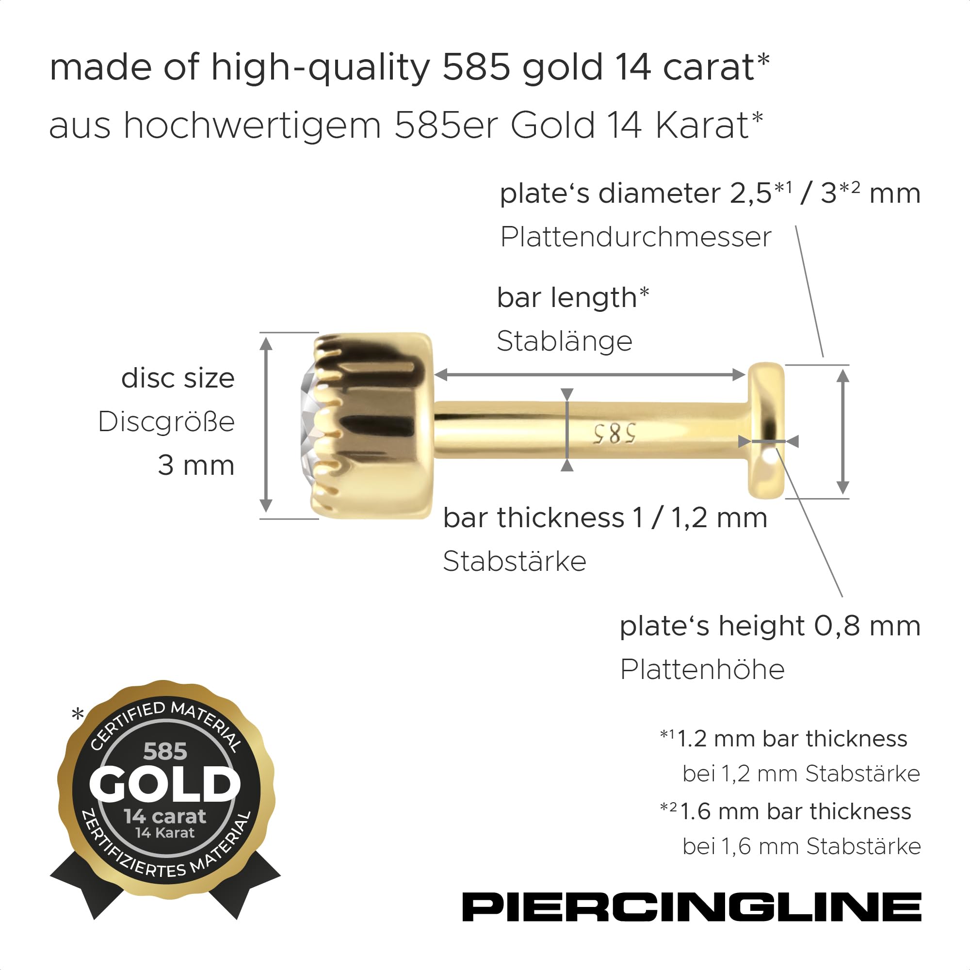 PIERCINGLINE 14 Karat Gold Labret Ohr-Piercing mit Push Fit MOISSANIT-DISC