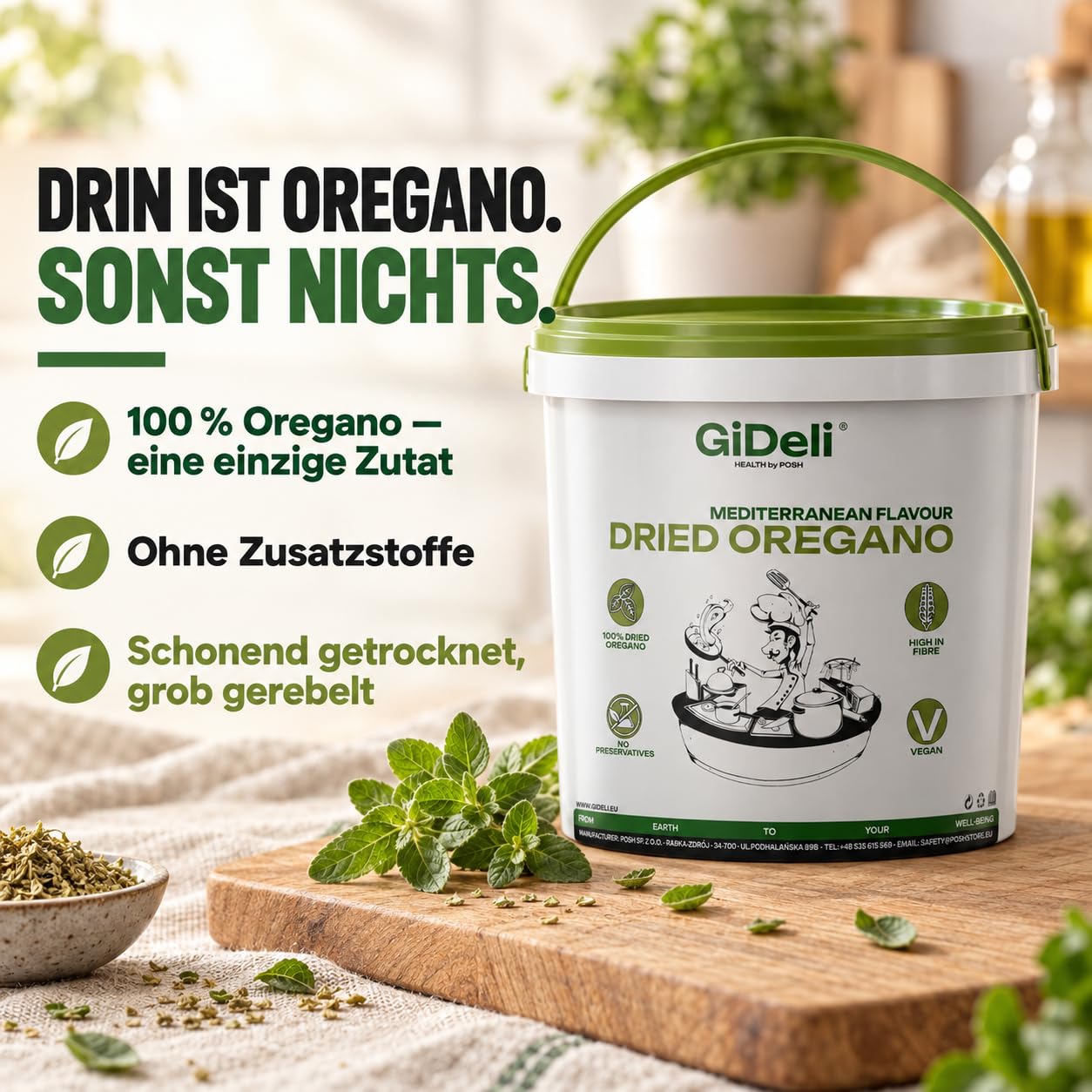 GiDeli Oregano 20kg in Eimer - Getrocknete Oregano Blätter- Türkisches Gewürz für Italienische Küche - Pasta Fisch Pizza Suppen Salat und Fleischgerichte