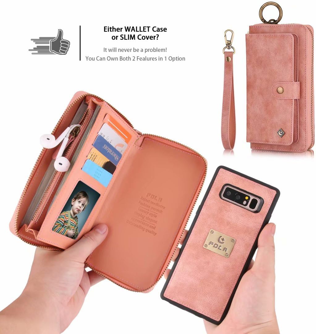 Petocase Compatible Galaxy Note 8 Wallet Case, Multi-Functional PU Leather Zip Wristlets Clutch Detachable Magnetic 13 Card Slots 4 Cash Purse Protection Back Cover for Samsung Galaxy Note 8 Pink