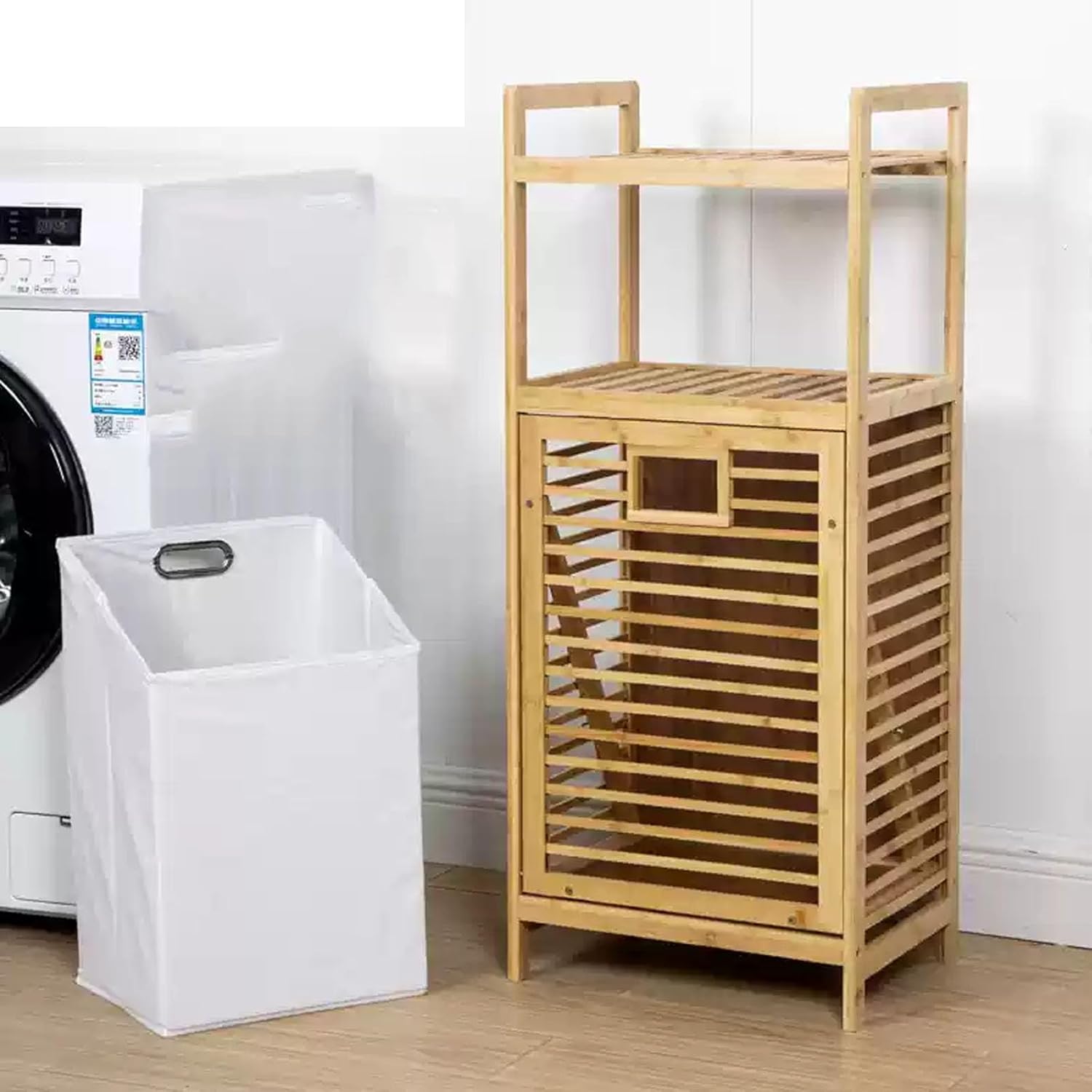 3-Tier Laundry Basket Organizer Bamboo Hamper with Removable Bags 15.7x11.8x37.4in Tilt Out Laundry Hamper with Shelf Laundrysorter Basket Organizer for Bathroom(White)