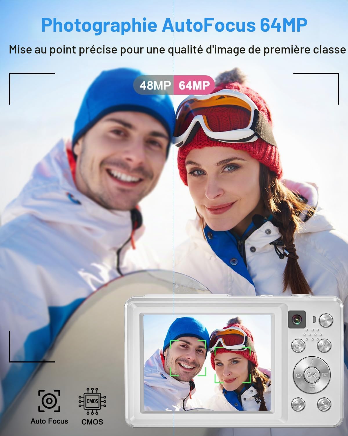 Appareil Photo numérique 4K 64MP, Double caméra avec autofocus, Flash, Zoom 16X, Anti-Shake, caméra compacte pour vlogging pour Enfants, Adolescents, Adultes et débutants(Blanc)
