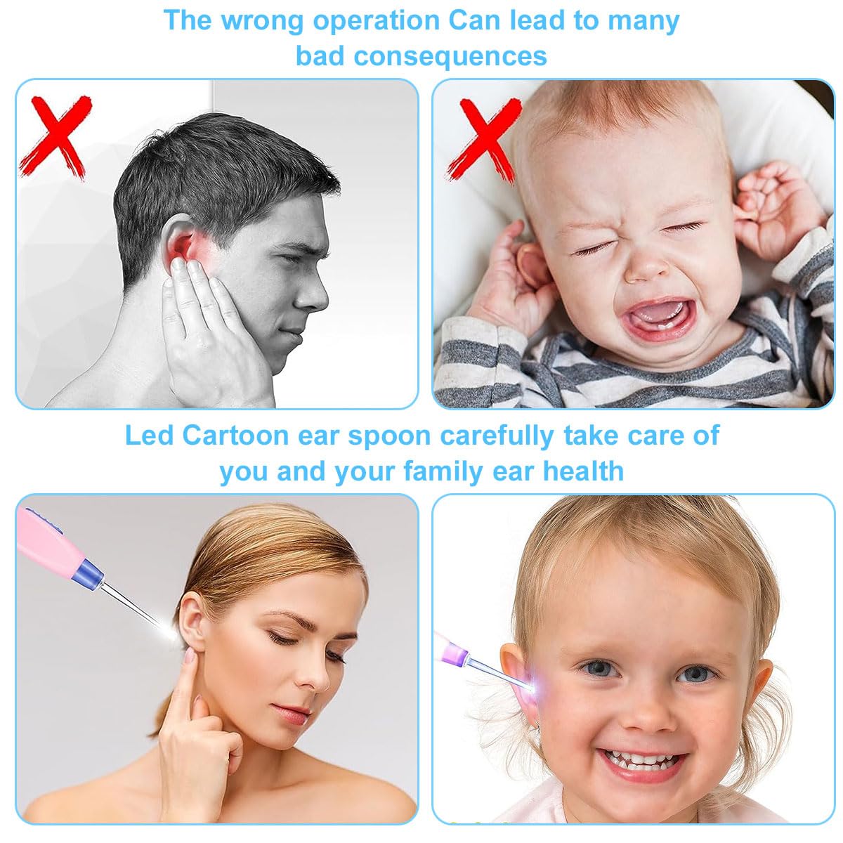 Cuillère de Nettoyant Oreille Lumineux, Ear Curette LED, Curette Oreille Enfant, Cuillère de Nettoyage de Nettoyage avec Lumière Cuillère Creuser Outil de Soins de L'oreille pour Enfant Adulte