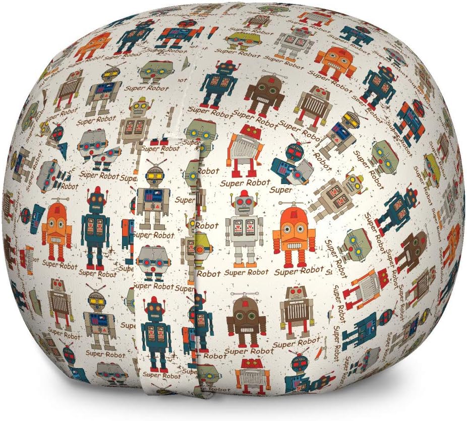 Ambesonne Robot Storage Toy Bag Chair, Various Different Super Robot Set in Cartoon Style Fantasy Futuristic Machine, Stuffed Animal Organizer Washable Bag, Large Size, Dim Cream