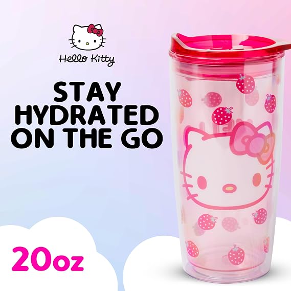 Silver Buffalo Hello Kitty Plastic Travel Tumbler, Slide Close Lid, 20oz | Sanrio, Strawberry Pattern, Pink, 0.6 Liters, Double Wall, Slide Close Lid