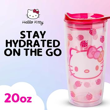 Silver Buffalo Hello Kitty Plastic Travel Tumbler, Slide Close Lid, 20oz | Sanrio, Strawberry Pattern, Pink, 0.6 Liters, Double Wall, Slide Close Lid