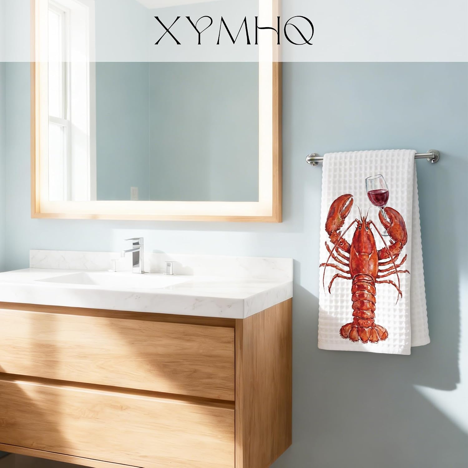 Funny Lobster Gift & Wine Gift Kitchen Towels 16x24, Watercolor Lobster Decor Red Wine Glass Dish Towel, Coastal Beach for Women Men