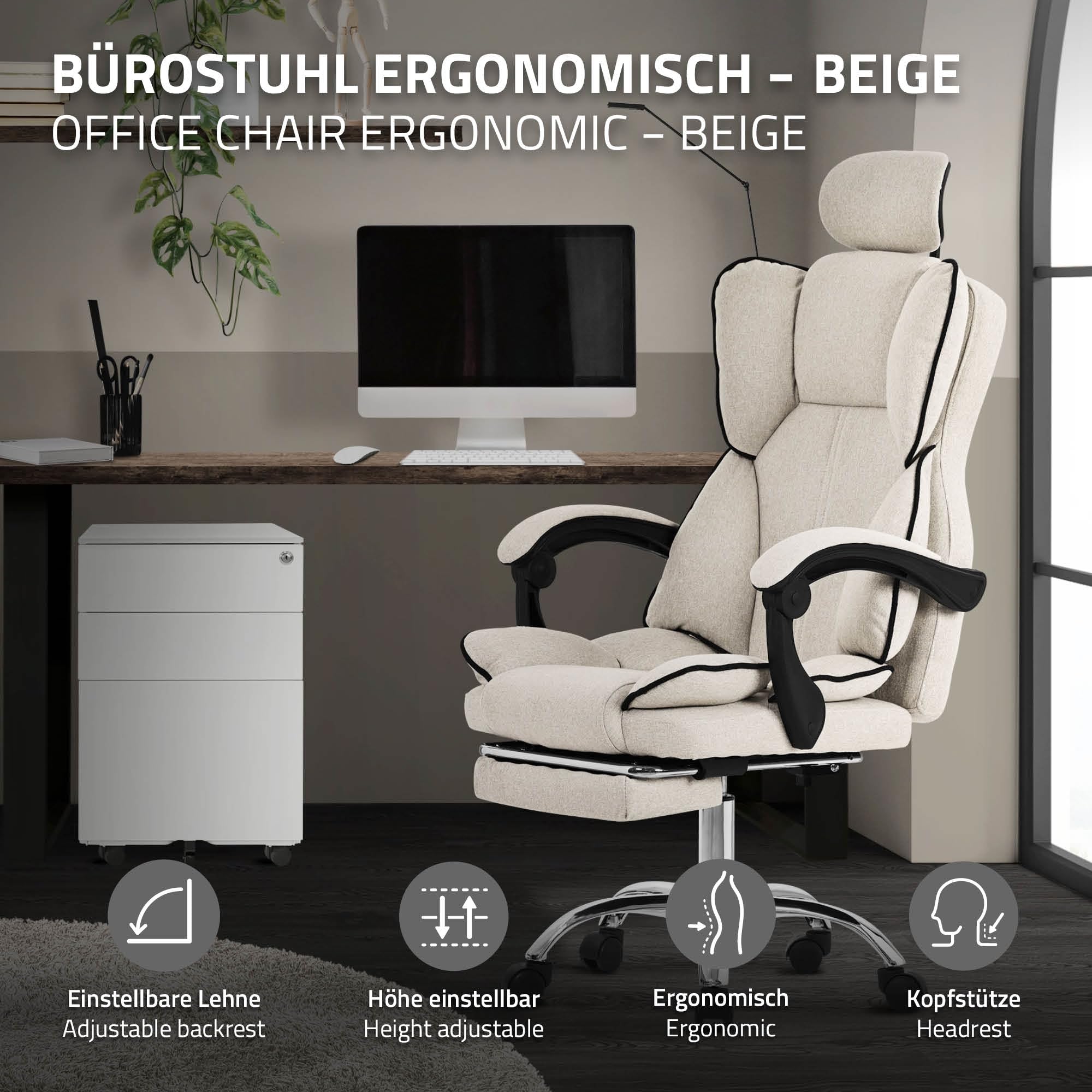 ML-Design Silla de Ordenador Beige Ergonómica Regulable en Altura con Respaldo Alto Asiento Gaming Giratorio con Reposapíes, Cojín y Reposacabezas Mueble de Oficina con Función Balancín