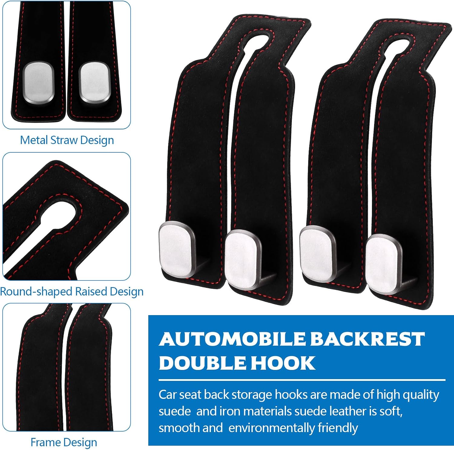 4 PcsCar Seat Back Double Hook, Car Headrest Hooks Backseat Hangers, Car Seat Organiser Hooks, Leather Auto Seat Back Storage Hook forcar Accessories Bags Handbags Purses Hangers(Black) image 3