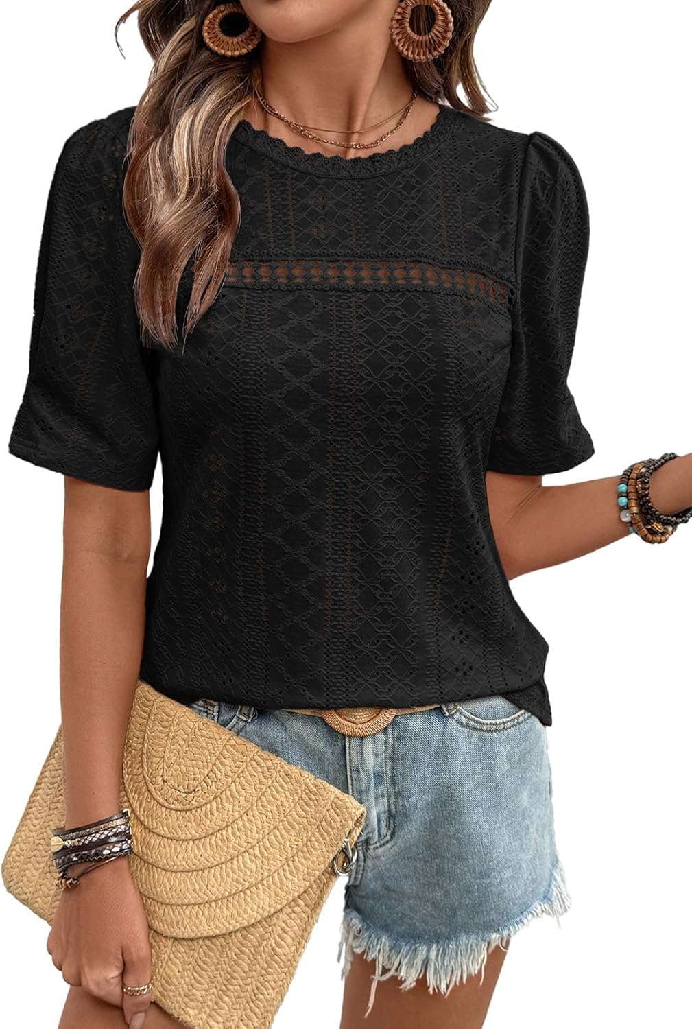 Dokotoo Women's Hollow Out Lace Crewneck Short Sleeve Tops Breathable Summer Casual Beach T-Shirt Vacation Blouses