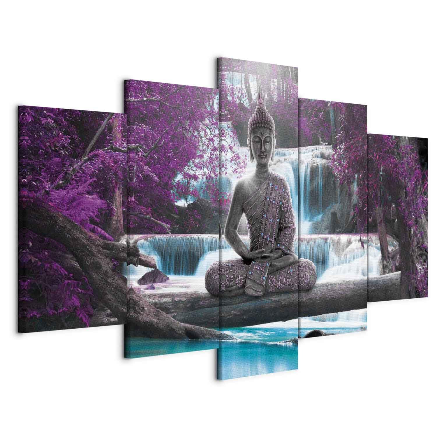Cuadros B&D XXL - Cuadro en Lienzo Buda 200x100 cm 5 Piezas Grande Cuadros decorativos Decoracion Decorativo para Pared salon modernos dormitorios Oriente Zen Cascada c-A-0021-b-o