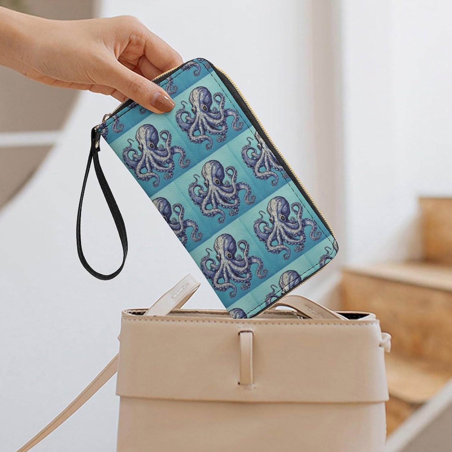 Womens Wallet Octopus Design Printed Wristlet Wallets for Women Large Capacity Credit Card Holder Ladies Phone Clutch Leather Zip Around Clutch Wallet