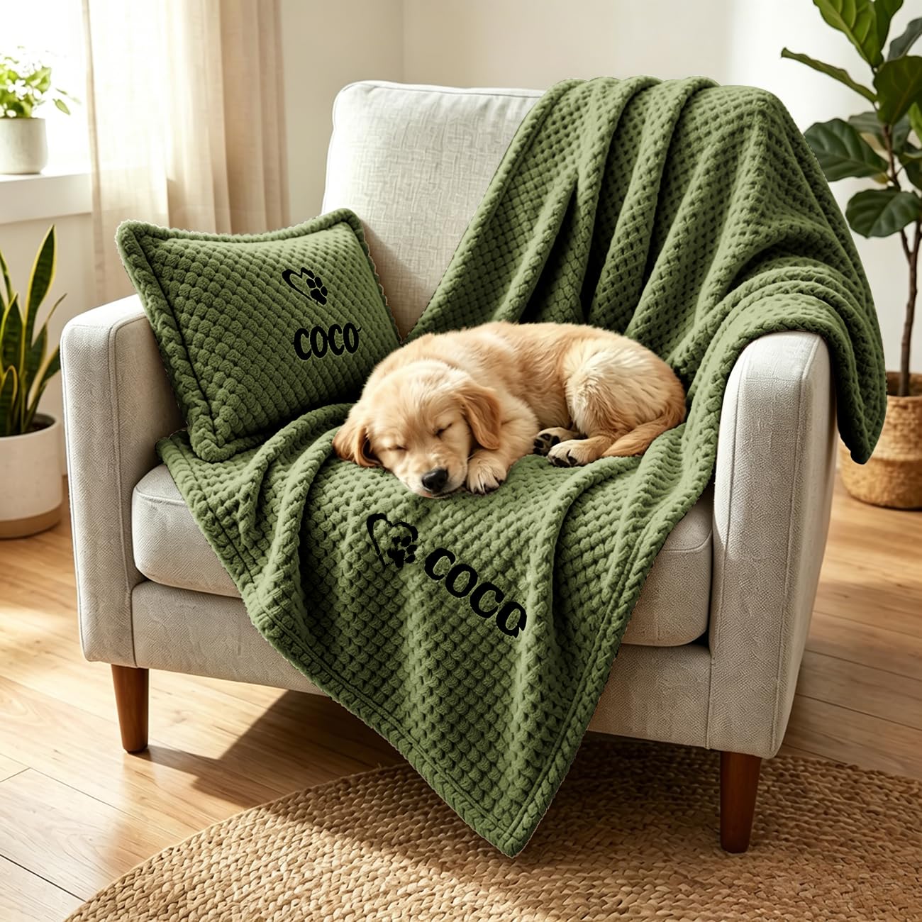 Personalized Pet Blanket and Pillow Set, Embroidered Name Dog Blanket and Cushion Set with Name & Paw Print, Soft Waffle Fleece Blankets and Pillow for Dogs Cats(Green)