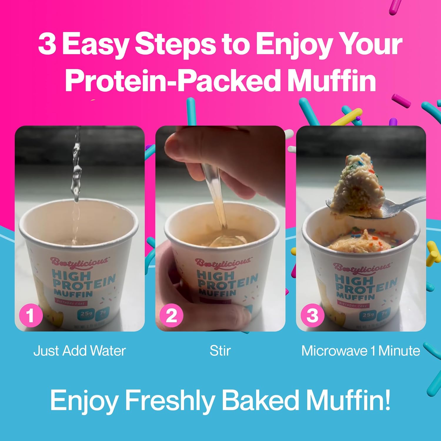 Bootylicious | 25g Protein Muffin | Birthday Cake | Low Carb, 16g Fiber, Low Glycimic Index, Low Sugar, 2.54oz Cup, 12-Pack