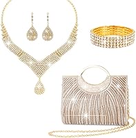 NIAN@WU 4-Piece Luxury Crystal Rhinestone Jewelry Set with Gold-Plated Necklace, Earrings, Bracelet & Evening Clutch for Weddings Parties