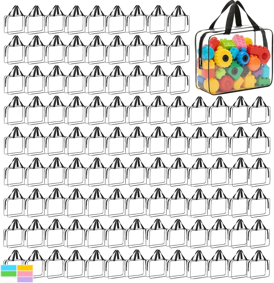 100 Packs Extra Large Toy Storage Bags Bulk with Zipper, Reusable Clear PVC Toy Organizer Bag with Labels for Blocks, 11.8″×8.6″×3.9″ Travel Waterproof Organizer Bags for Puzzles, Toy Container