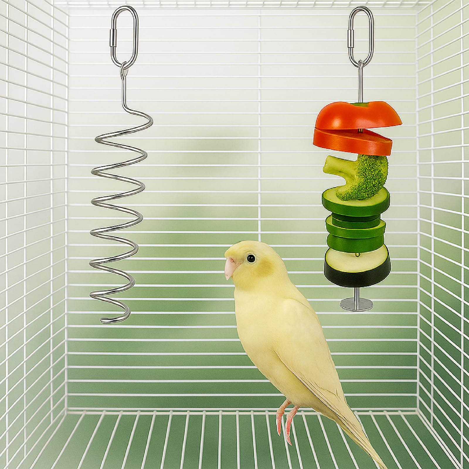 Jingmore Vogelfutterspender für Vögel, automatisch, transparent, für Papageien, Käfigzubehör, Edelstahl, für Papageien, Obst, Gemüse, Futtersuche für Lovebirds Wellensittiche Kanarienvögel, Finken, 7