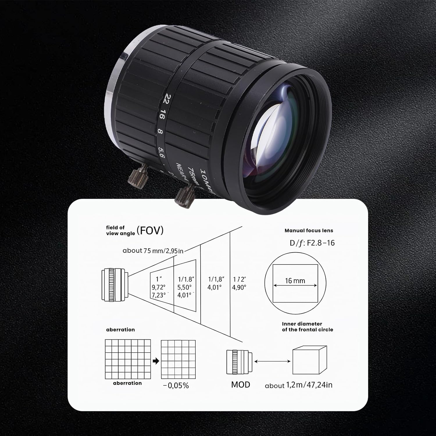 Telephoto Lens C Mount Lens 75mm Focal Length 10MP Pixels Fixed Zoom Lens with Manual Iris Focus for Photographer Industrial