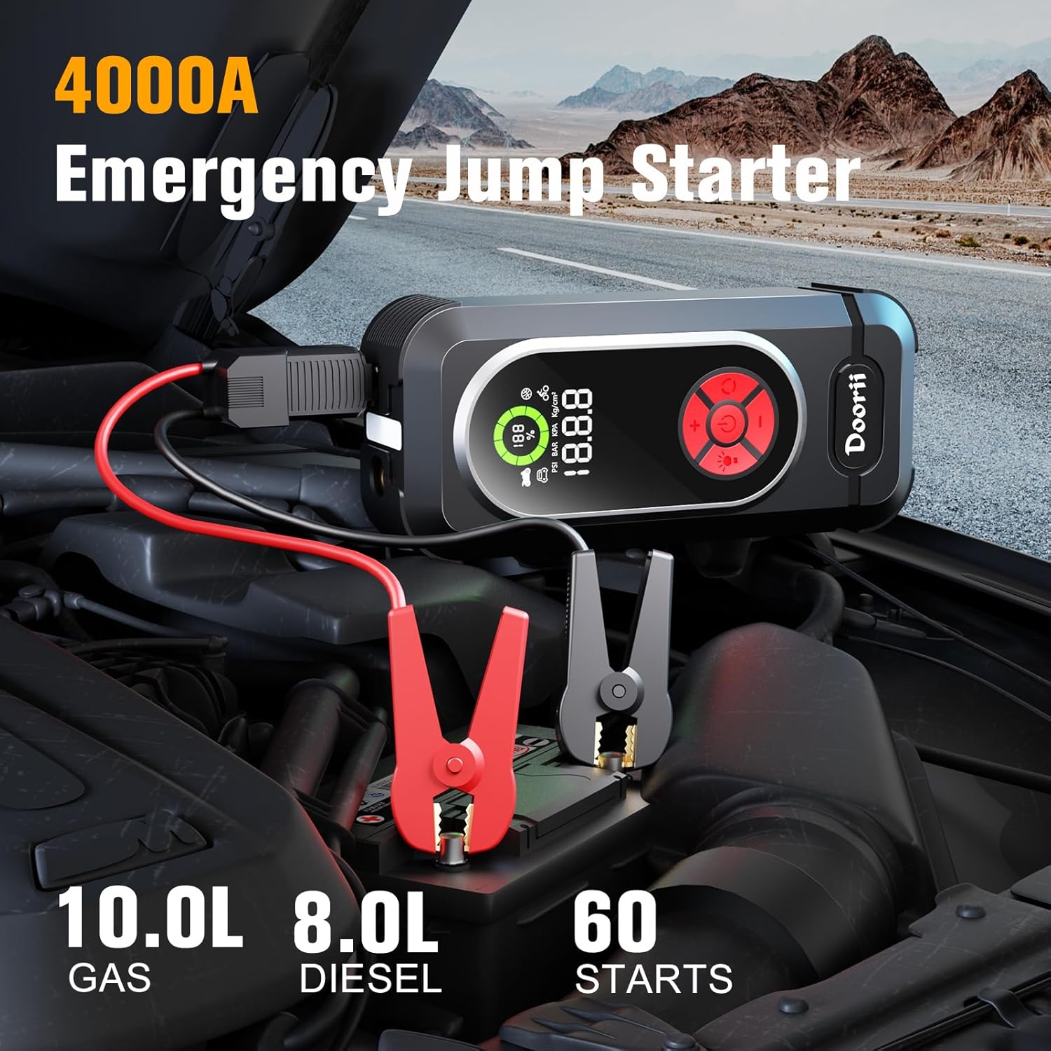 Doorii Q10 Emergency Jump Starter connected to car battery
