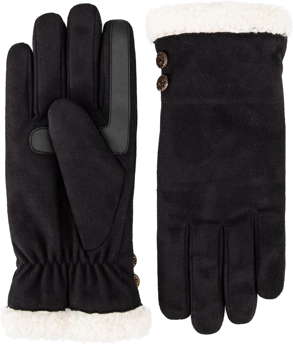 isotoner Women's Water Repellent Touchscreen Microsuede Sherpa Lined Gloves With Buttons