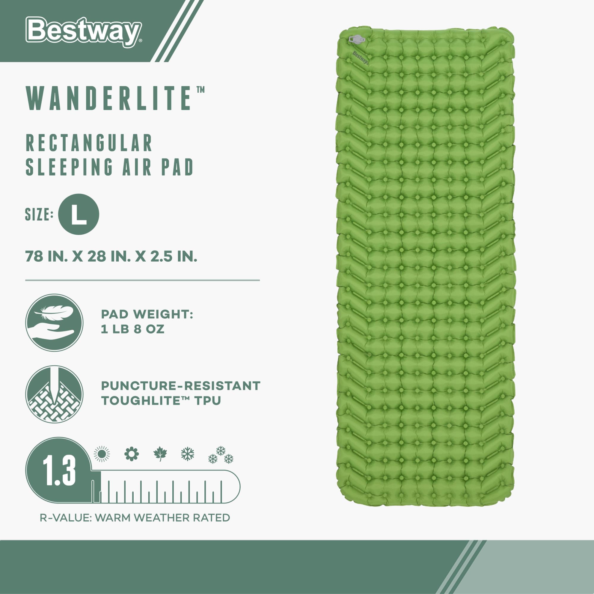 Bestway WanderLite 78 Inch by 28 Inch Large Rectangular Nylon Fabric Outdoor Sleeping Air Pad with Repair Patch and Storage Bag, Green