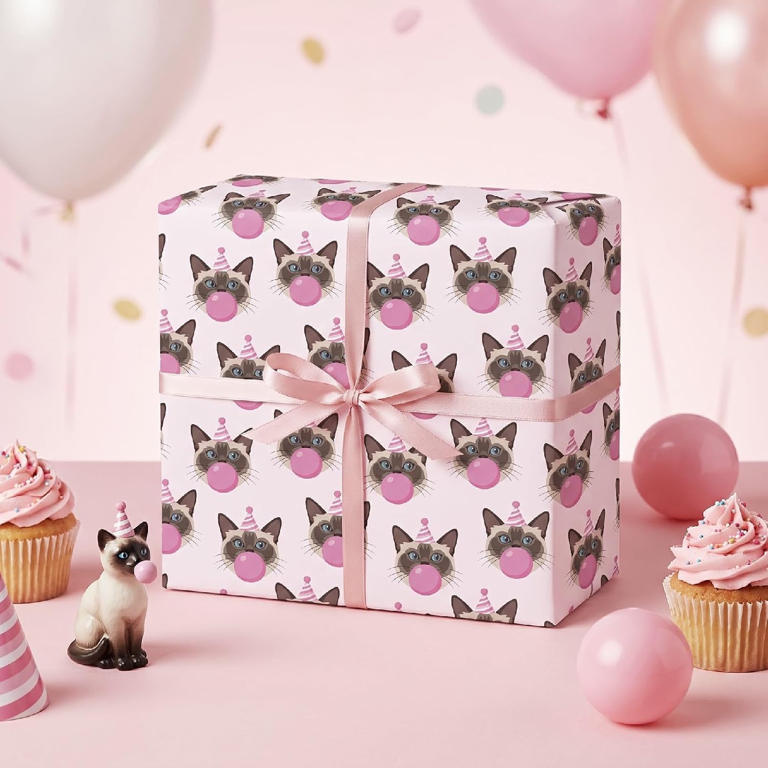 RUSPEPA Cat Birthday Wrapping Paper Roll, Mini Roll, Pink Cute Cat with Bubble Gum & Party Hat Design Gift Wrap Paper for Girls, Kids, Pet Lovers, Birthday Party, Baby Shower, 17 Inches x 9.8 Feet image 3