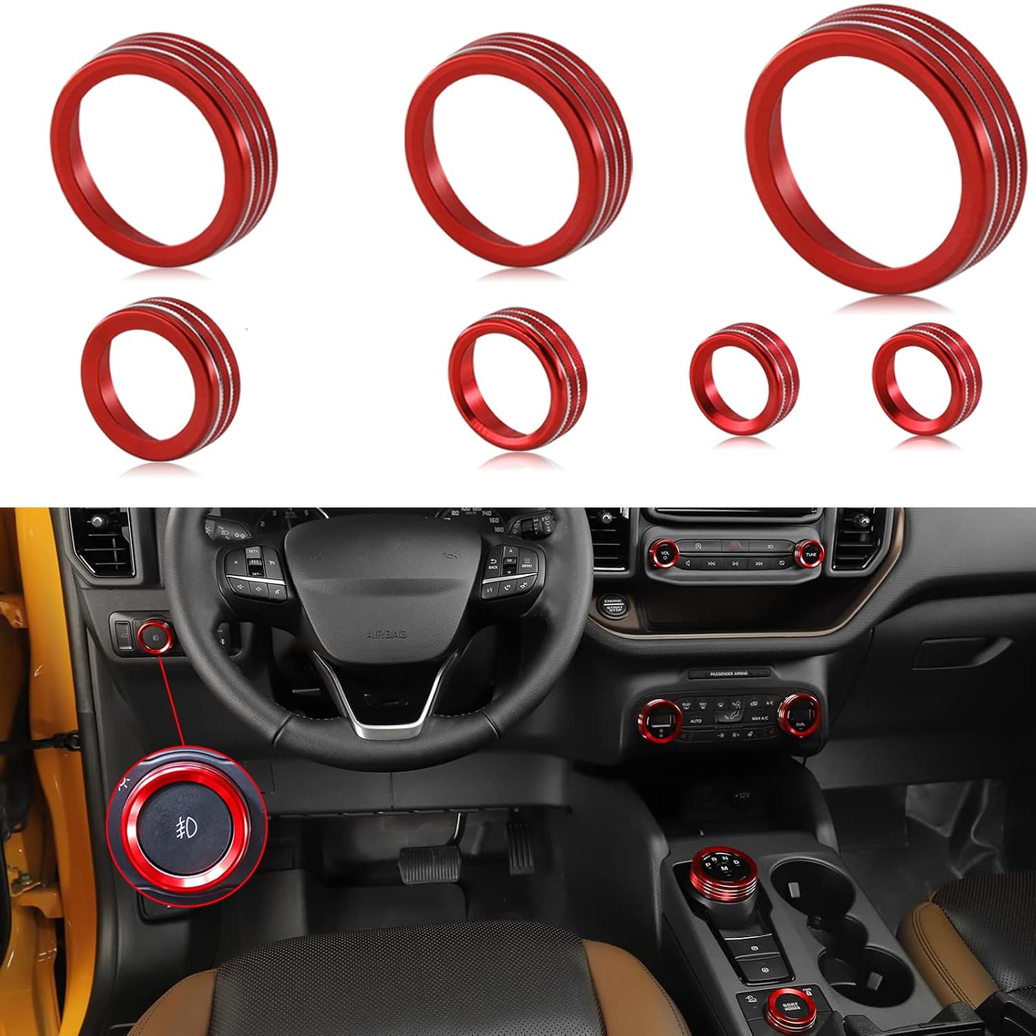 for Ford Bronco Sport 2021-2023+ Aluminum Control Knob Trim Kit,Headlight Switch Knob 4WD Trailer Gear Switch Knob Cover,Interior Accessories(red)