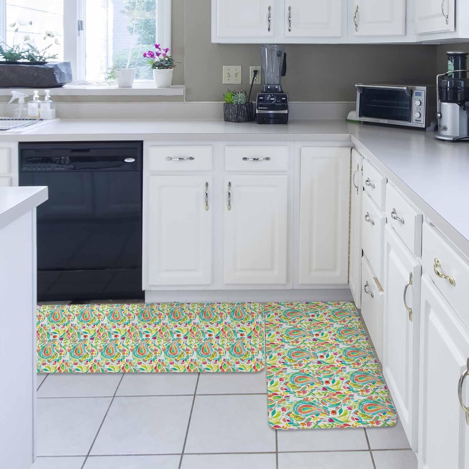 Boho Teal Green Flower Kitchen Rugs and Mats Set of 2, Non-Slip Kitchen Sink Mat, Spring Watercolor Paisley Floral Leaf Washable Doormat Bathroom Rugs Runner for Bedroom 19.7"x31.5"+19.7"x63"