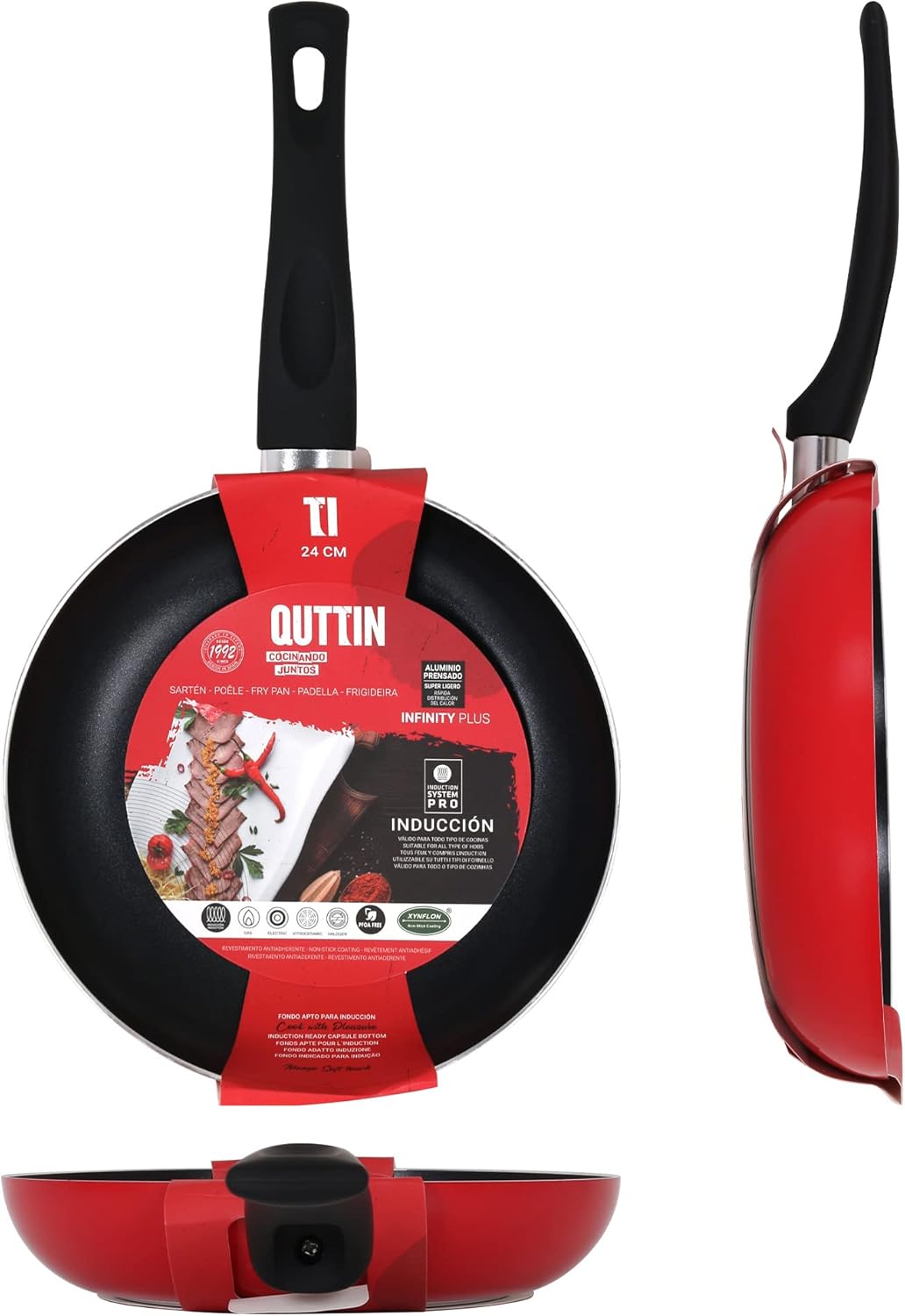 Quttin - Infinity Induction Nonstick Frying Pan with Handle for all types of cookers. Forged Aluminium Double Layer. Durable Potato Omelet. Red Medium Frying Pan 24 cm