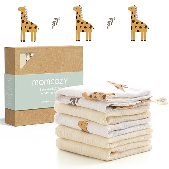 Momcozy Baby Washcloths - 4 Layer Design| Medium Thickness| Premium Cotton for Newborns' Skin-Great for Bathing, Wiping & on-The-go Use, Shower Gift and Essential(5 Pack, 10x10 inch)