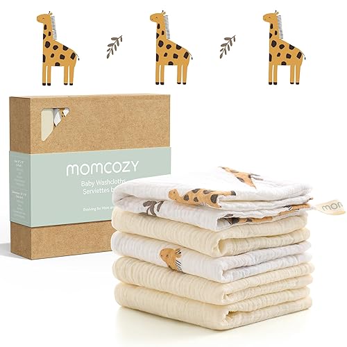 Momcozy Baby Washcloths - 4 Layer Design| Medium Thickness| Soft & Absorbent| Premium Cotton for Newborns'Skin-Great for Bathing, Wiping & on-The-go Use, Shower Gift and Essential(5 Pack, 10x10 inch)