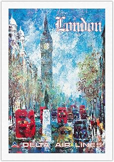 London England - Delta Air Lines - Big Ben Elizabeth Tower - Vintage Airline Travel Poster by Jack Laycox c.1970s - Fine Art Rolled Canvas Print 27in x 40in