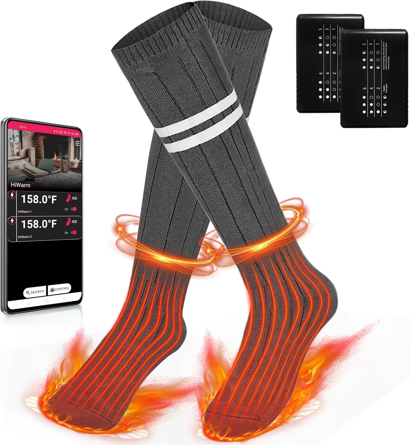 Omobolanle Heated Socks Men Women 2023 Upgrade Fashion Thermal Socks APP Remote Control Rechargeable 5000mAh Battery Electric Extra Thick Winter Warming Socks for Outdoor Skiing Fishing Hunting X-Large Dark Grey