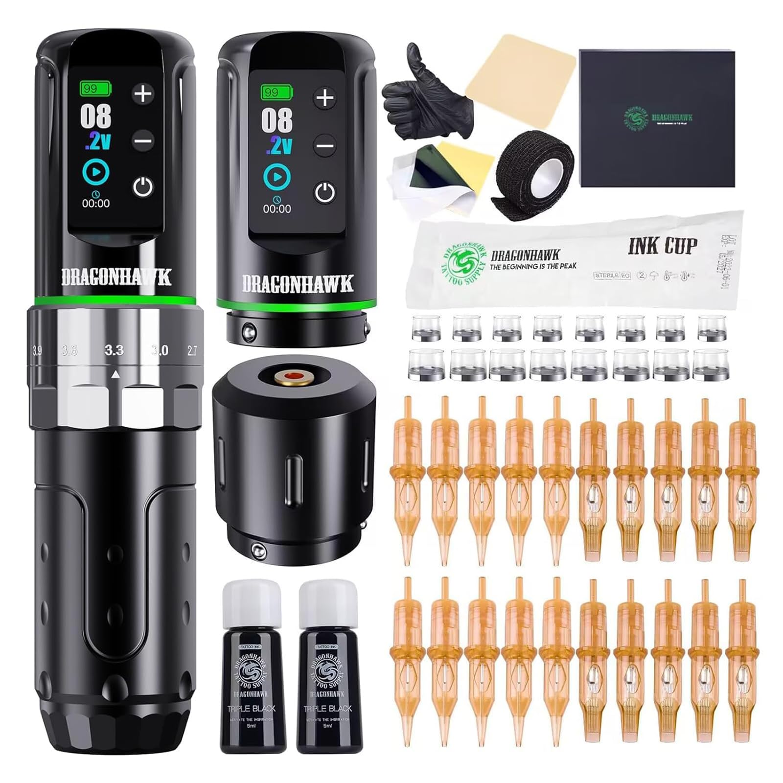 Dragonhawk Tattoo Kit, L3 Cordless/Cord Complete Kit Rotary Pen Tattoo Gun, 2 Batteries, Power with Extra Battery RCA Jack Part for Artis
